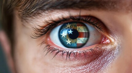 Close-Up of a Human Eye Displaying American Flag Reflection