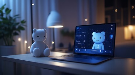 AI avatar on a laptop offering live feedback in a cozy evening setting