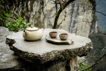 Tea in a Mountain Retreat: A peaceful mountain retreat with a stone tea table, a teapot, and cups, surrounded by towering cliffs and misty air.