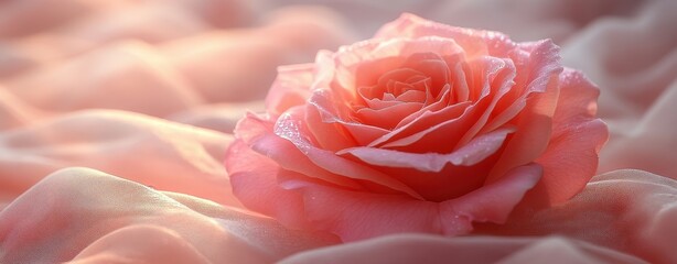 Pink rose sitting atop delicate flowing fabric in elegant composition