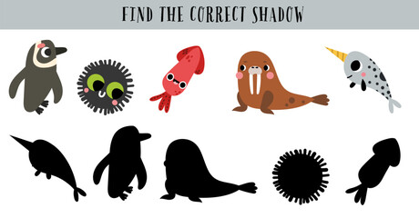 Find the correct shadow maze game puzzle exercise for kids. Animal arctic educational illustration printable page. © Alina Nikitaeva