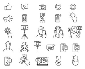 Social media influencer themes line icon set,