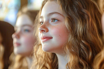 Fototapeta premium Children Singing in Church Choir with Focused Expressions, Generative AI