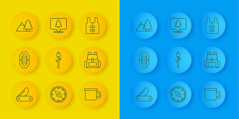 Set line Swiss army knife, Rafting boat, Marshmallow on stick, Camping metal mug, Hiking backpack, Mountains with tree, Life jacket and Location of the forest icon. Vector