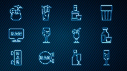 Set line Glass of champagne, Alcohol drink Rum, Whiskey bottle and glass, bar location, Cocktail, and icon. Vector