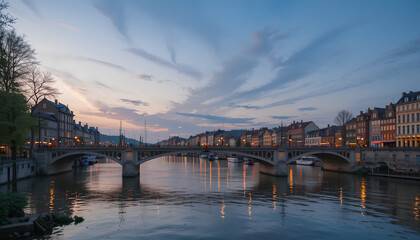 Naklejka premium Twilight descends on a charming European city, bridge reflecting lights on the calm river.