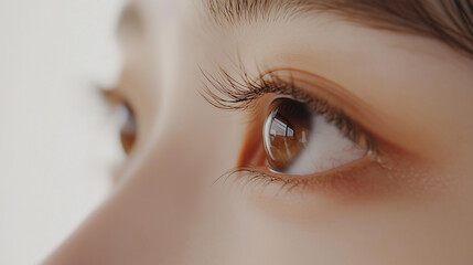 若いアジア人女性の目元のクローズアップ。やや横から撮影。瞳とまつ毛の美しさにフォーカス。