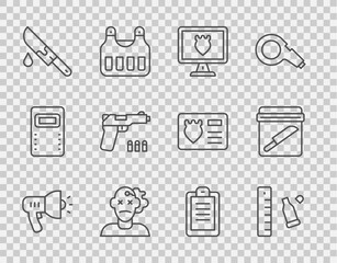 Set line Police megaphone, Bullet casing with ruler, database, Murder, Bloody knife, Pistol or gun, report and Evidence bag icon. Vector