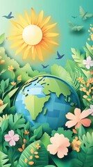 Naklejka premium Celebrating Earth Day: A Paper Art Depiction of Our Vibrant Planet Surrounded by Lush Greenery, Blooming Flowers, and a Sunny Sky