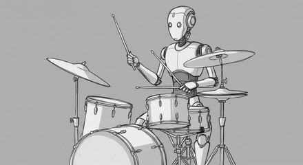 Robotic drummer: futuristic ai robot playing drum kit in minimalistic sketch