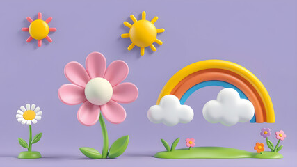 Fototapeta premium 3d spring icons set. Blooming flower, sun and rainbow with clouds. Three dimensional warm summer weather vector objects. Toy plastic design elements collection. Generative AI