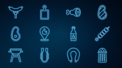 Set line Salt, Grilled shish kebab, Chicken leg, Location with fire flame, Steak meat, Sausage the fork, Tabasco sauce and Cutting board icon. Vector