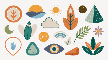 Vibrant sticker collection featuring abstract nature and geometric shapes for creative projects