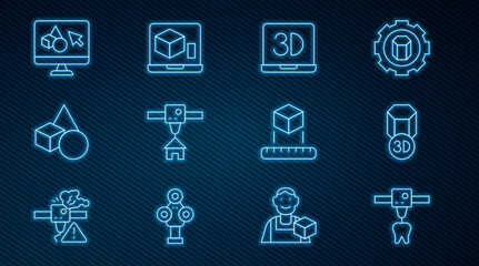 Set line 3D printer tooth, house, Basic geometric shapes, software, Isometric cube and icon. Vector