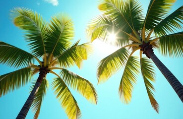Tranquil tropical paradise under sunlit palm trees with vibrant blue sky