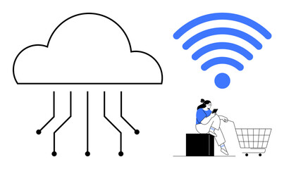 Cloud with lines for data, wireless symbol, person shopping with phone. Ideal for cloud computing, wireless technology, data transfer, online shopping, digital communication, internet access smart