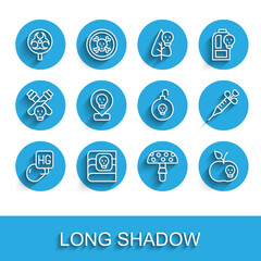 Set line Drop of mercury, Book about poisons, Biohazard symbol, Fly agaric mushroom, Poison apple, Radioactive in location, Syringe and Nuclear bomb icon. Vector