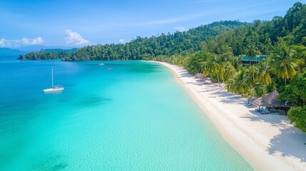 Fototapeta premium Tranquil Tropical Beach Scene with Clear Blue Water, Lush Green Island, and Soft White Sand Under a Beautiful Sky Perfect for Vacation and Relaxation
