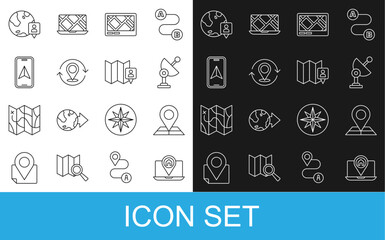 Set line City map navigation, Folded with location marker, Radar, Gps device, Map pin, Location the globe and icon. Vector
