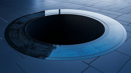 Obraz premium Background image of a dark blue building with an endless dark circle of hidden holes.