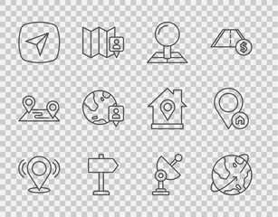 Set line Map pin, Satellites orbiting the Earth, Folded map with location marker, Road traffic sign, City navigation, Location globe, Radar and house icon. Vector