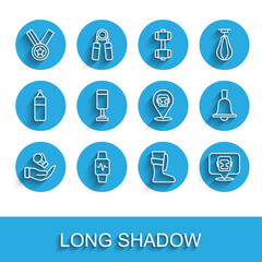 Set line Boxing glove, Smart watch with heart, Medal, Sport boxing shoes, helmet, Punching bag, bell and icon. Vector