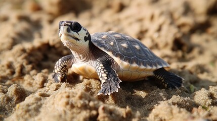 Obraz premium Baby turtle crawling sandy beach, sunlit background, wildlife