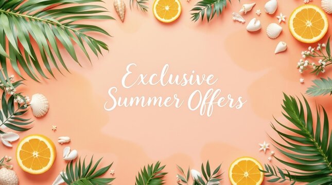 Exclusive summer offers: tropical leaves, citrus fruits, and seashell design