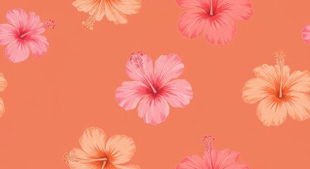 Seamless tropical hibiscus floral pattern on vibrant orange background