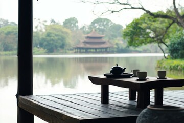 Tea in a Pagoda: A serene pagoda overlooking a lake, with a tea table set on a wooden platform, offering a peaceful view