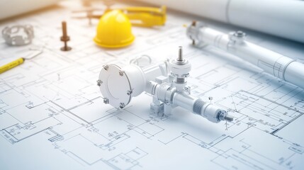 High-quality engineering blueprint featuring a detailed valve assembly surrounded by construction tools and a safety helmet, emphasizing technical planning and design in plumbing