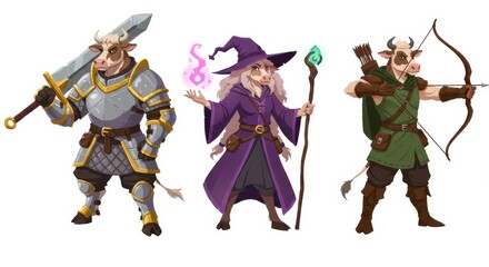 Fantasy cow warriors: knight, mage, and archer characters in creative costumes