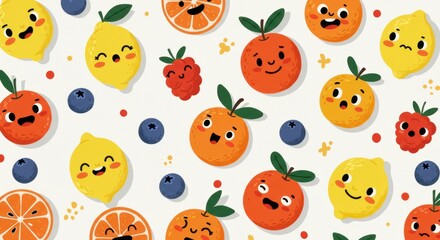 Fototapeta premium Colorful kawaii fruit pattern with happy faces and lively citrus background