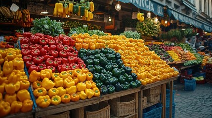 Obraz premium Vibrant Colors of a Farmers Market: A Colorful Display of Fresh Peppers