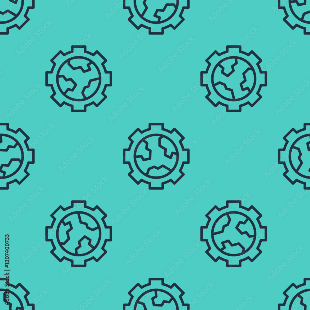 Poster black line globe of the earth and gear or cog icon isolated seamless pattern on green background. se