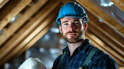 A confident insulation expert standing with a piece of mineral wool in hand, looking at the camera with an insulated attic roof as a backdrop.
