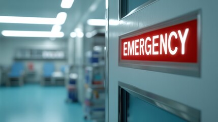 The image shows an illuminated "EMERGENCY" sign on a hospital door, indicating access to urgent medical care.