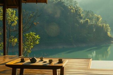 Fototapeta premium Tea in a Pagoda: A serene pagoda overlooking a lake, with a tea table set on a wooden platform, offering a peaceful view