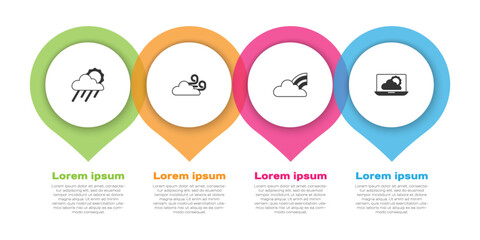 Set Cloud with rain and sun, Windy weather, Rainbow clouds and Weather forecast. Business infographic template. Vector