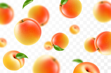 Flying ripe apricot. Bright advertising background falling juicy sweet peach, realistic illustration with blurred effect. 3d vector design for advertising banners and web page design