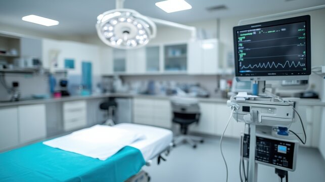 A modern surgical room featuring a bed, monitoring equipment, and bright overhead lights, designed for patient care and medical procedures.