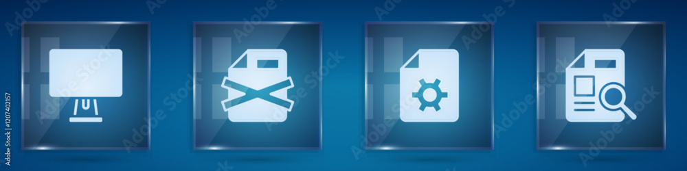 Poster set computer monitor, delete file document, document settings and with graph chart. square glass pan