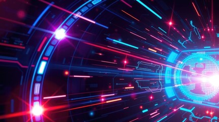 Obraz premium Digital art depicting a futuristic sci-fi scene with bright lens flares. Vibrant colors and dynamic light streaks accentuate the advanced technology theme