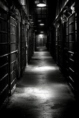 Fototapeta premium Dark Prison Corridor Cell Blocks Long Shadows