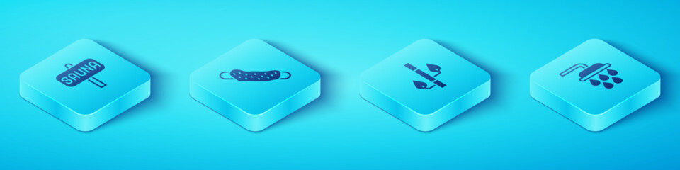 Set Isometric Sauna, Washcloth, Shower and Bamboo icon. Vector
