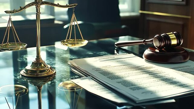 A detailed view of a polished brass scale, a wooden gavel, and crisp legal documents, all elegantly arranged on a sleek glass table in a professional law office.