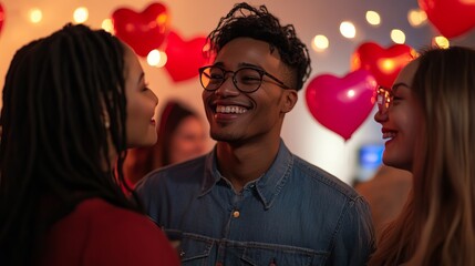Multiracial Friends Celebrating Valentine's Day with Joyful Smiles and Heart Decorations