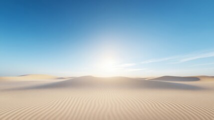Naklejka premium Tranquil Desert Landscape at Sunrise with Gentle Sand Dunes Illuminated by Soft Light against the Clear Blue Sky and Subtle Cloud Patterns