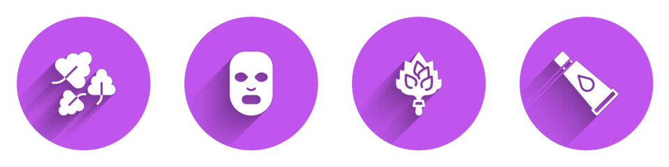 Set Oak leaf, Facial cosmetic mask, Sauna broom and Cream or lotion tube icon with long shadow. Vector