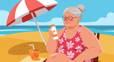 Elderly woman relaxing at beach in swimwear with sunscreen bottle and sun hat